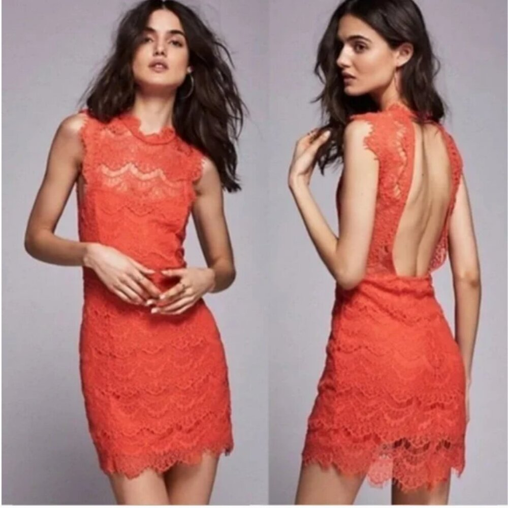 Free People Dress Womans Large Pink Coral Lace Boho Open Back Large